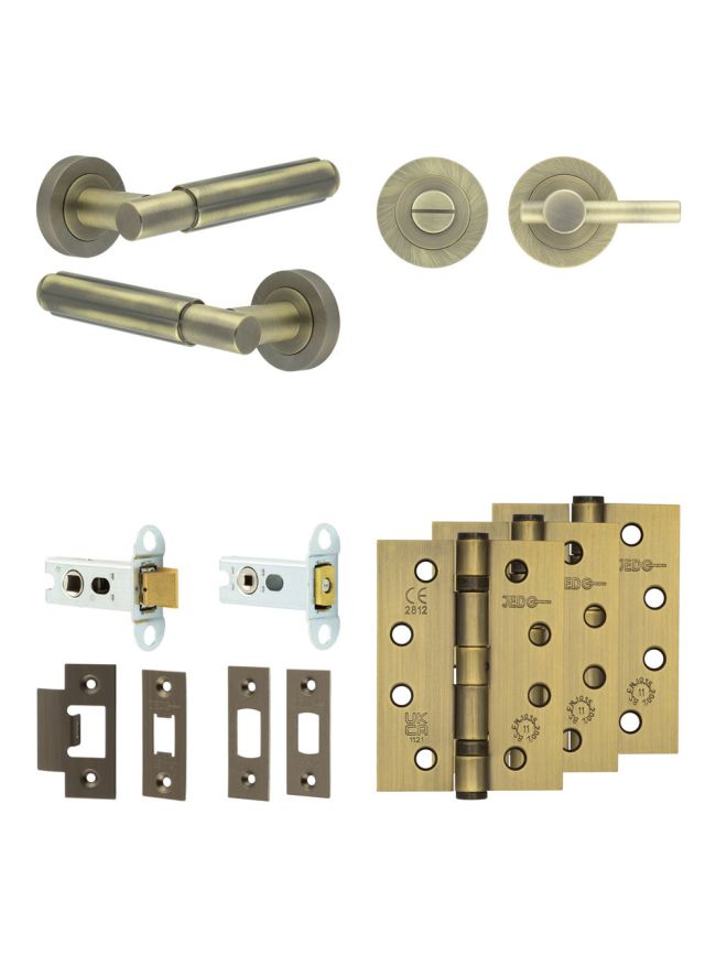 Complete Bloom Door Handle Pack - Heavy Duty Tubular Bathroom (Plain Thumb Turn) - Antique Brass - 64mm / 4-inch Hinges - JE-B30A2-AB