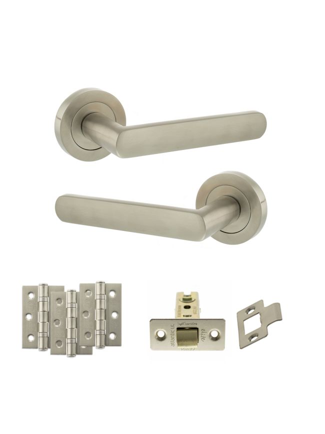 STATUS Carolina Door Handle Pack (Latch Set - 2.5" CE Latch, 3" Fire Rated Hinges x3) - Satin Nickel