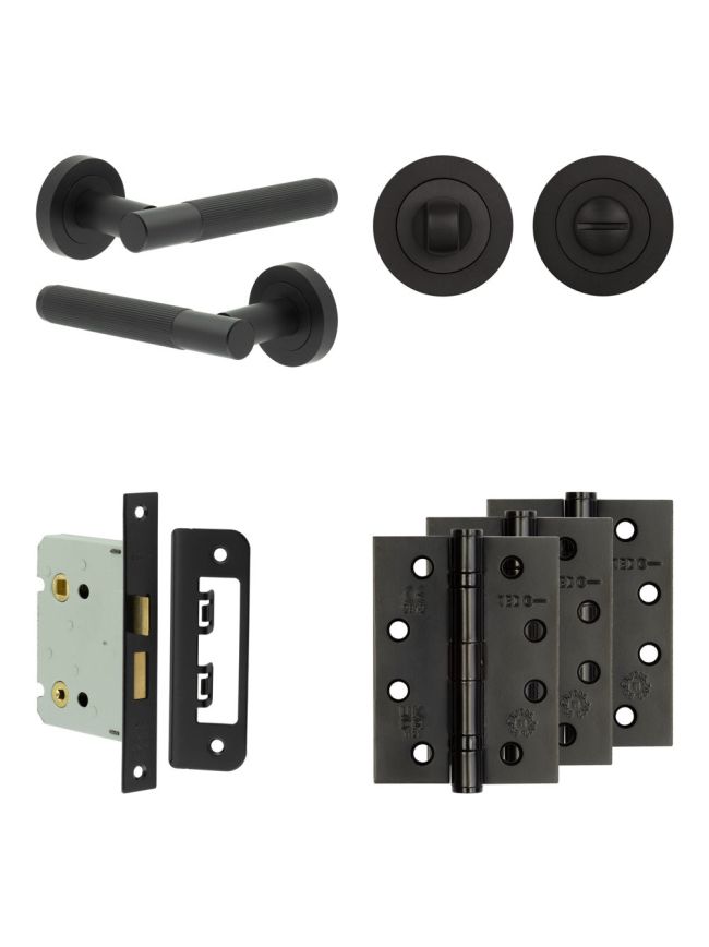Complete Venice Door Handle Pack - Bathroom Lock (Standard Thumb Turn) - Matt Black - 76mm / 4-inch Hinges - JE-F6A3-MB