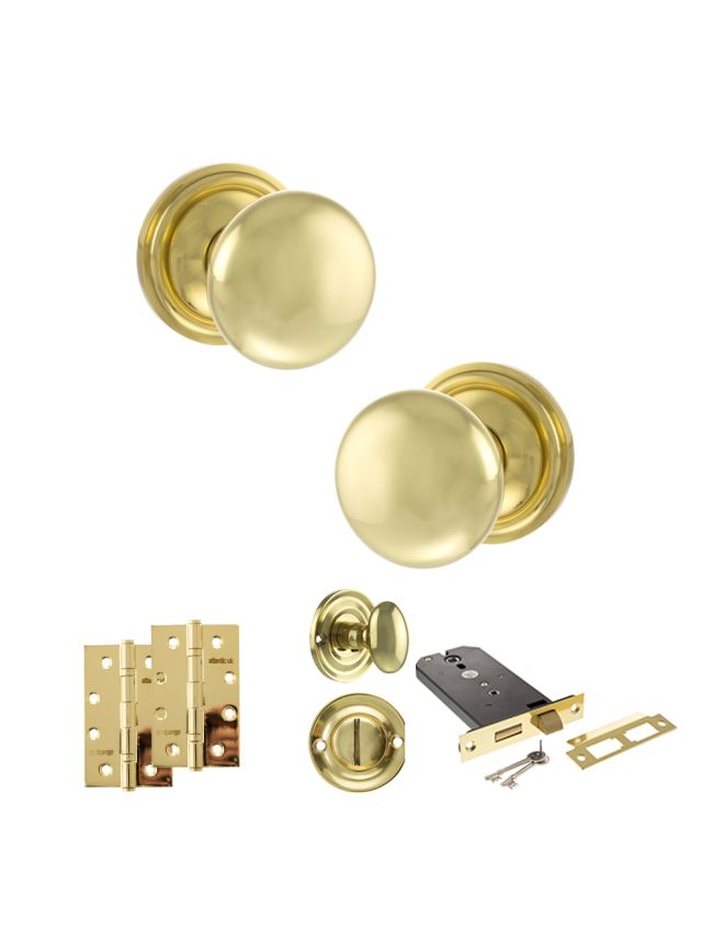 Old English Harrogate Door Knob Pack (Lock Set - Horizontal Bathlock, 4" Slim Knuckle Hinges x2) - Polished Brass