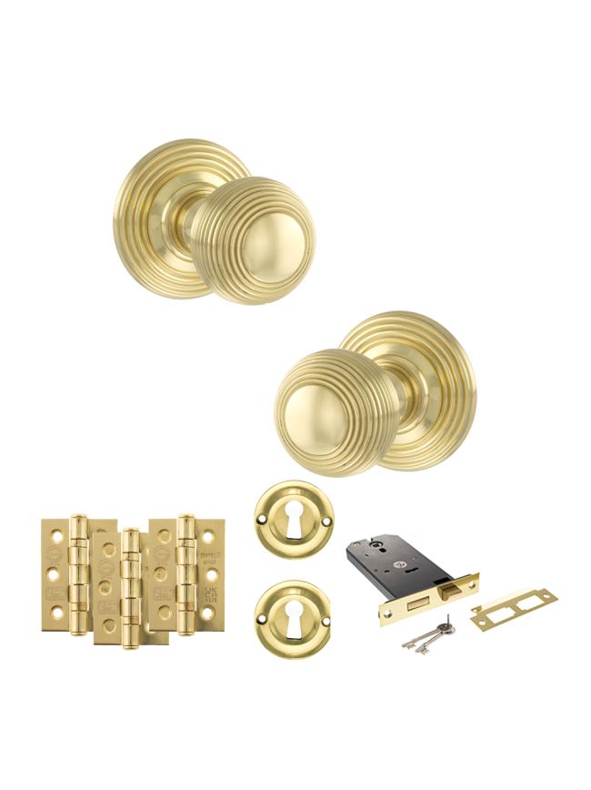 Old English Ripon Door Knob Pack (Lock Set - Horizontal Sashlock, 3" Fire Rated Hinges x3) - Polished Brass