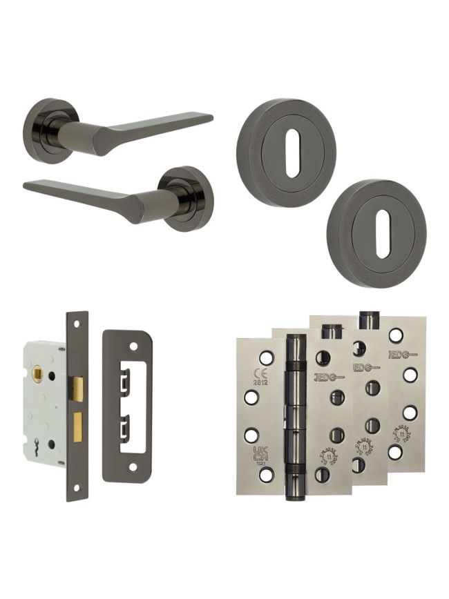 Complete Gio Door Handle Pack - Sashlock - Black Nickel - 65mm / 4-inch Hinges - JE-E7A8-BN