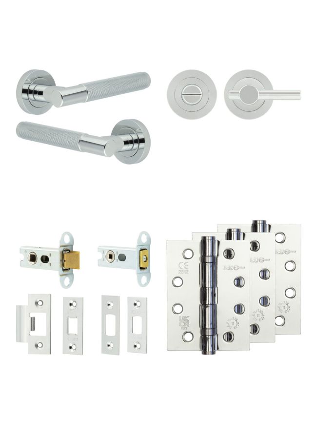 Complete Bari Door Handle Pack - Heavy Duty Tubular Bathroom (Plain Thumb Turn) - Polished Chrome - 64mm / 4-inch Hinges - JE-D30A2-PC