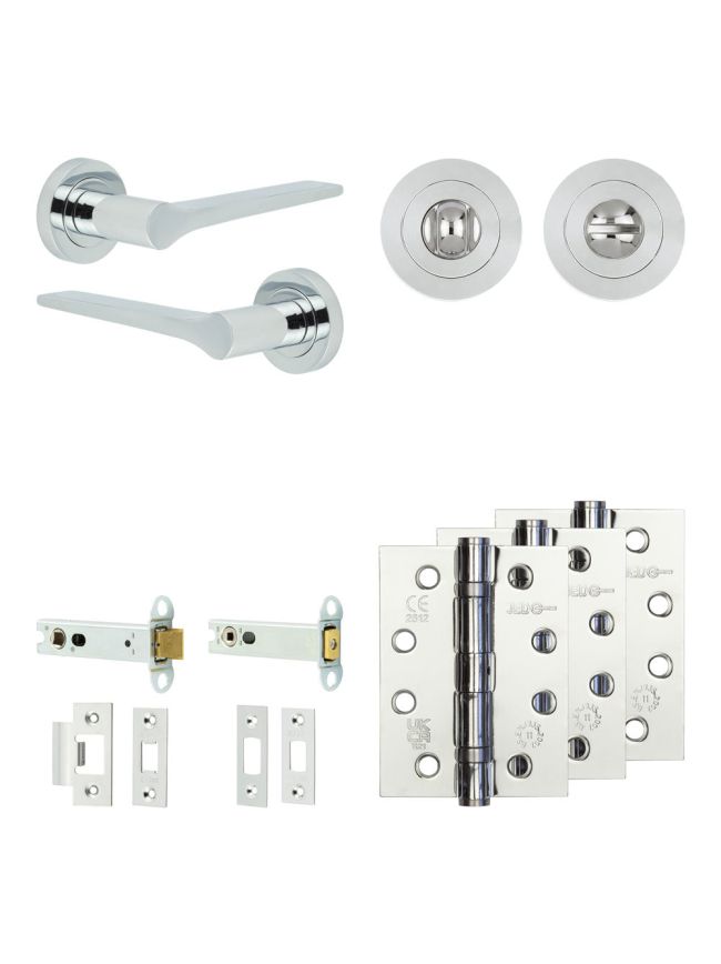 Complete Gio Door Handle Pack - Heavy Duty Tubular Bathroom (Standard Thumb Turn) - Polished Chrome - 102mm / 4-inch Hinges - JE-E32A3-PC