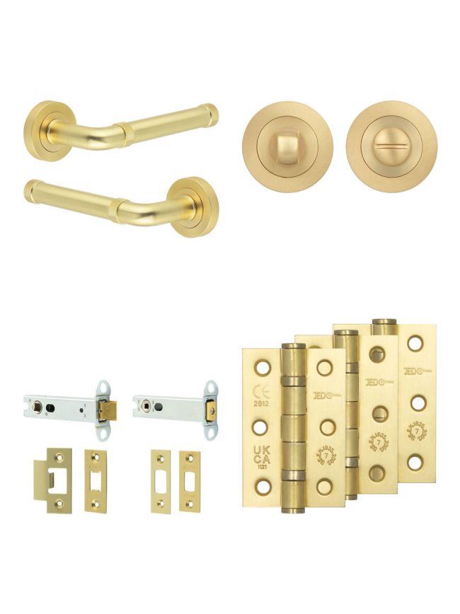 Complete Midtown Door Handle Pack - Heavy Duty Tubular Bathroom (Standard Thumb Turn) - Satin Brass - 102mm / 3-inch Hinges - JE-G32B3-SB