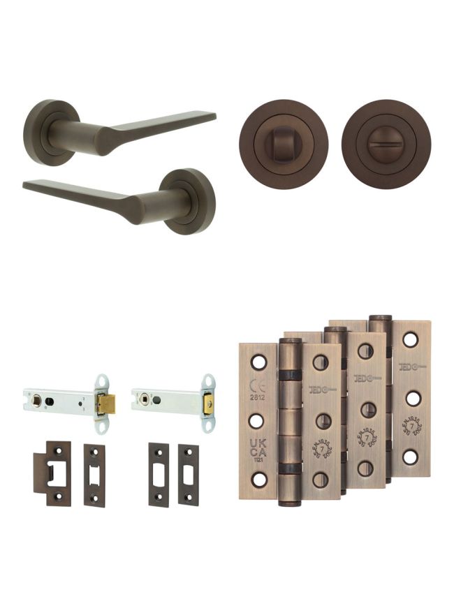 Complete Gio Door Handle Pack - Heavy Duty Tubular Bathroom (Standard Thumb Turn) - Dark Bronze - 102mm / 3-inch Hinges - JE-E32B3-DB