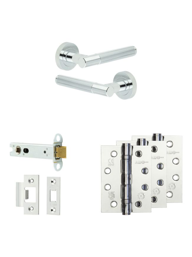 Complete Venice Door Handle Pack - Heavy Duty Latch - Polished Chrome - 102mm / 4-inch Hinges - JE-F22A-PC