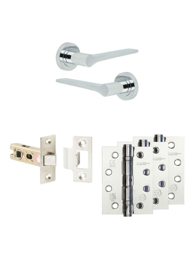 Complete Gio Door Handle Pack - Internal Doors - Polished Chrome - 64mm / 4-inch Hinges - JE-E1A-PC