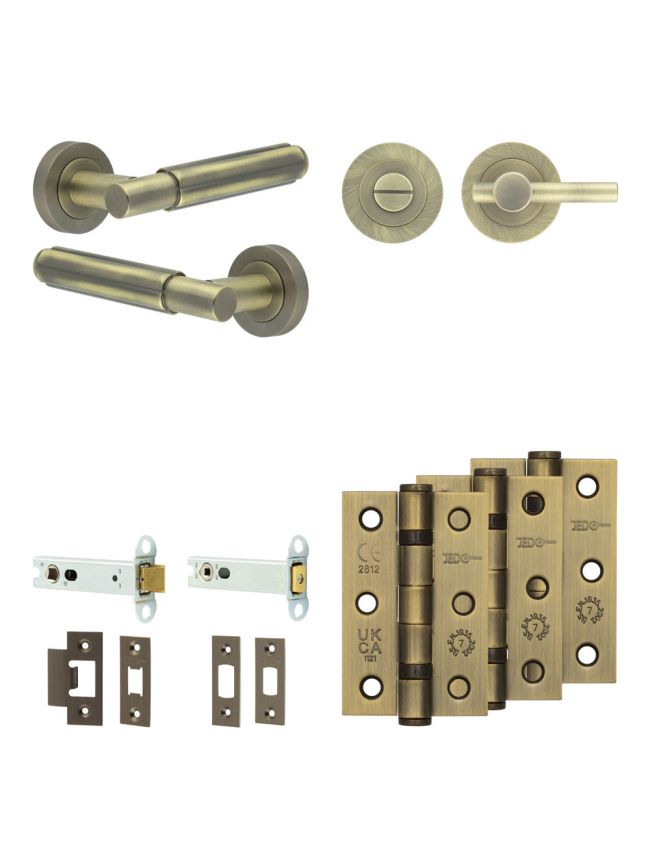 Complete Bloom Door Handle Pack - Heavy Duty Tubular Bathroom (Plain Thumb Turn) - Antique Brass - 102mm / 3-inch Hinges - JE-B32B2-AB