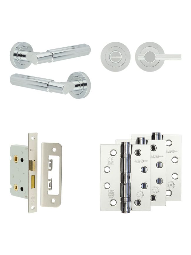 Complete Bloom Door Handle Pack - Bathroom Lock (Plain Thumb Turn) - Polished Chrome - 65mm / 4-inch Hinges - JE-B5A2-PC