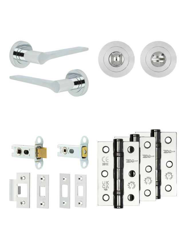 Complete Gio Door Handle Pack - Heavy Duty Tubular Bathroom (Standard Thumb Turn) - Polished Chrome - 64mm / 3-inch Hinges - JE-E30B3-PC