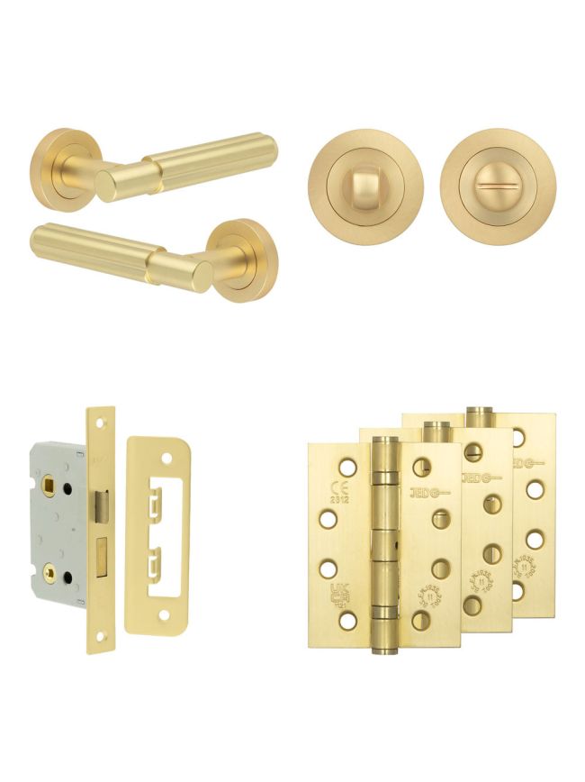 Complete Bloom Door Handle Pack - Bathroom Lock (Standard Thumb Turn) - Satin Brass - 65mm / 4-inch Hinges - JE-B5A3-SB
