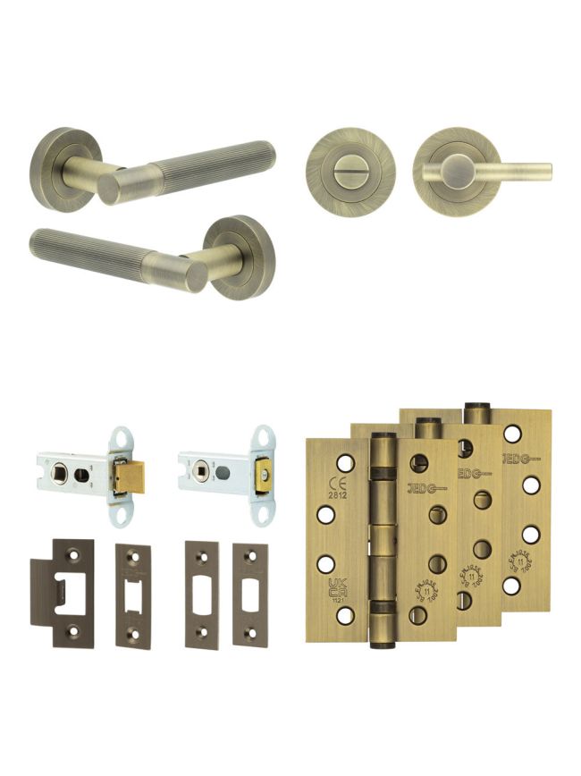 Complete Venice Door Handle Pack - Heavy Duty Tubular Bathroom (Plain Thumb Turn) - Antique Brass - 64mm / 4-inch Hinges - JE-F30A2-AB