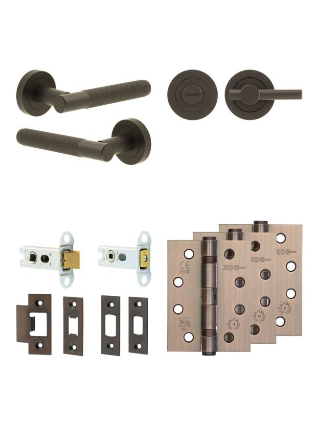Complete Venice Door Handle Pack - Heavy Duty Tubular Bathroom (Plain Thumb Turn) - Dark Bronze - 64mm / 4-inch Hinges - JE-F30A2-DB