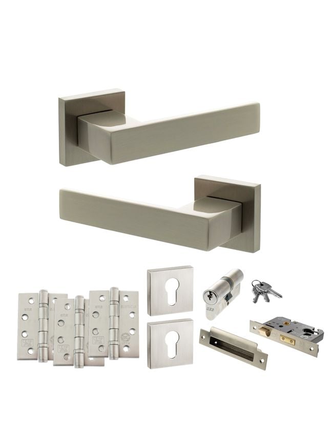 Senza Pari Panetti Door Handle Pack (Euro Lock Set - 3" CE Sashlock, 4" Fire Rated Hinges x3) - Satin Nickel