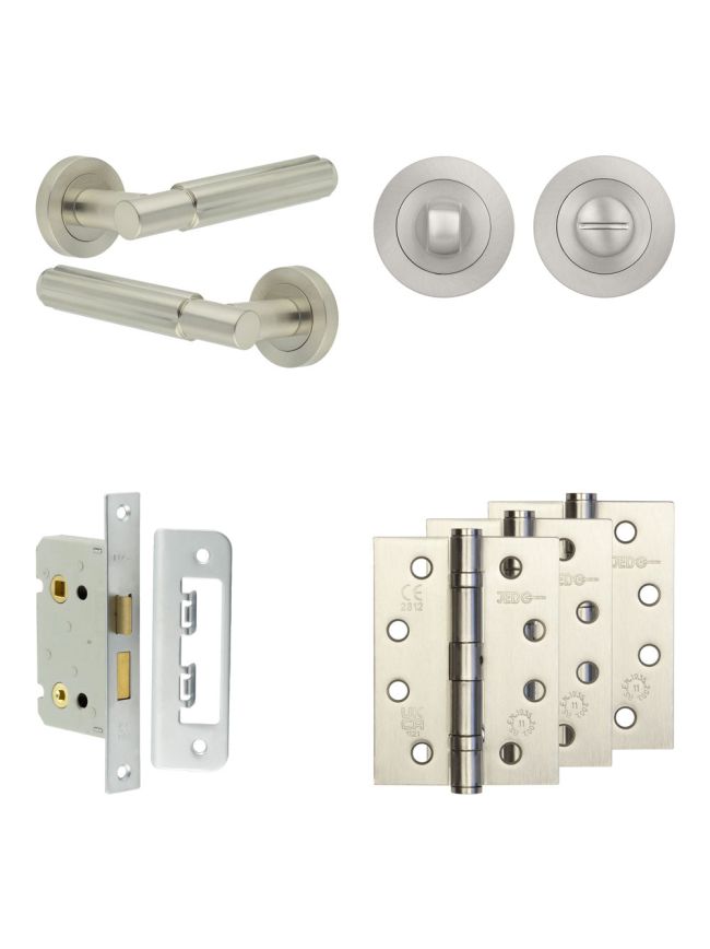 Complete Bloom Door Handle Pack - Bathroom Lock (Standard Thumb Turn) - Satin Nickel - 65mm / 4-inch Hinges - JE-B5A3-SN