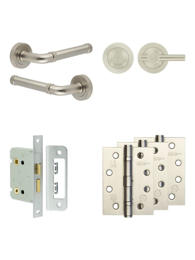 Complete Midtown Door Handle Pack - Bathroom Lock (Knurled Thumb Turn) - Satin Nickel - 76mm / 4-inch Hinges - JE-G6A1-SN