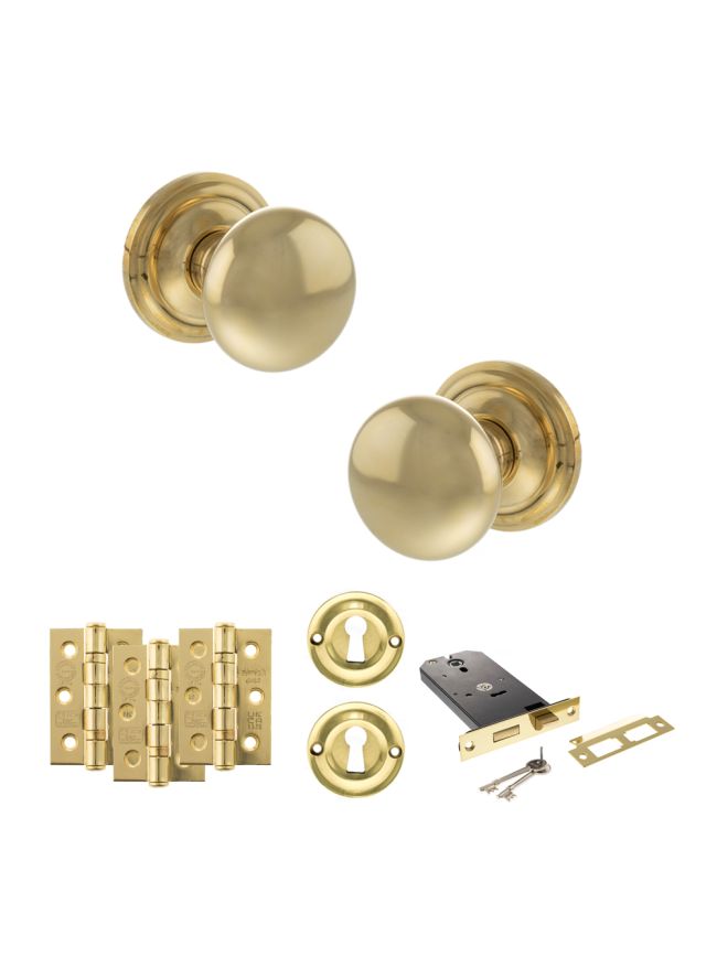 Old English Harrogate Door Knob Pack (Lock Set - Horizontal Sashlock, 3" Fire Rated Hinges x3) - Raw Brass