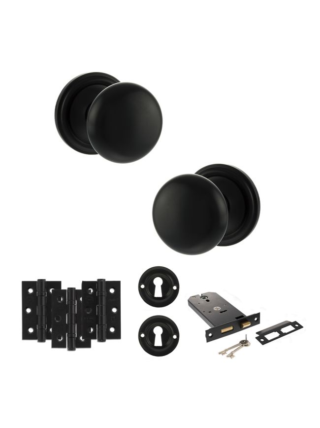 Old English Harrogate Door Knob Pack (Lock Set - Horizontal Sashlock, 3" Fire Rated Hinges x3) - Matt Black