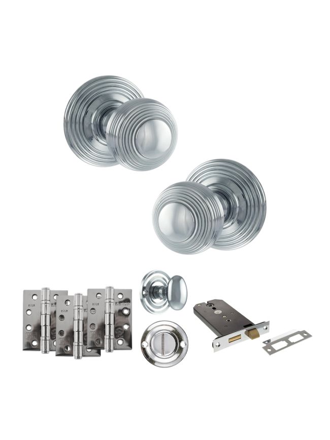 Old English Ripon Door Knob Pack (Lock Set - Horizontal Bathlock, 4" Fire Rated Hinges x3) - Polished Chrome