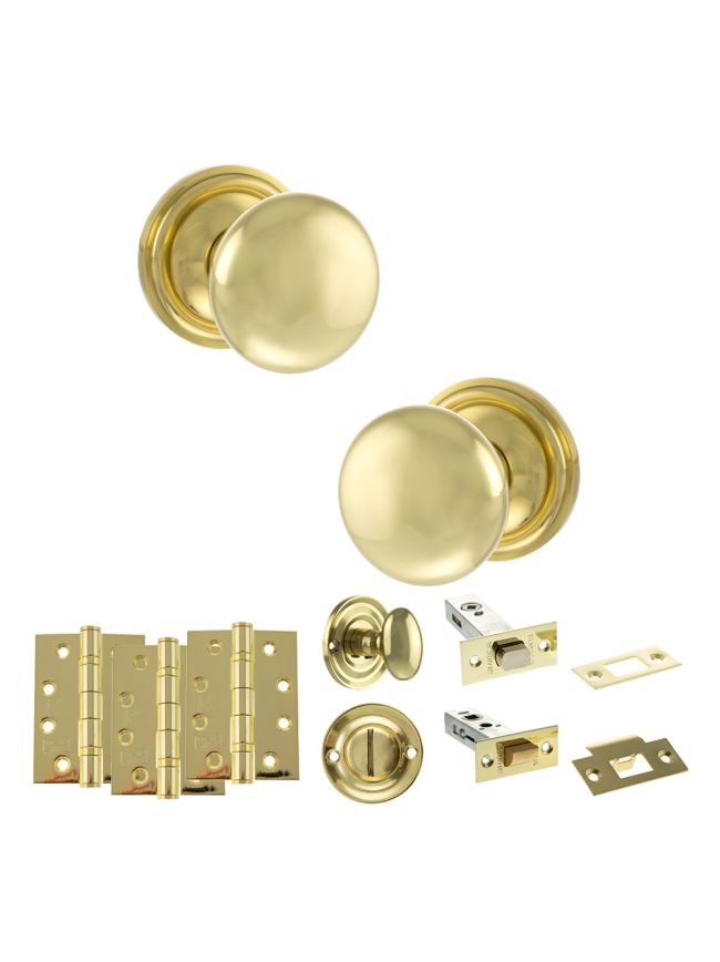 Old English Harrogate Door Knob Pack (Bathroom Set - 4" Deadbolt, 4" Fire Rated Hinges x3) - Polished Brass