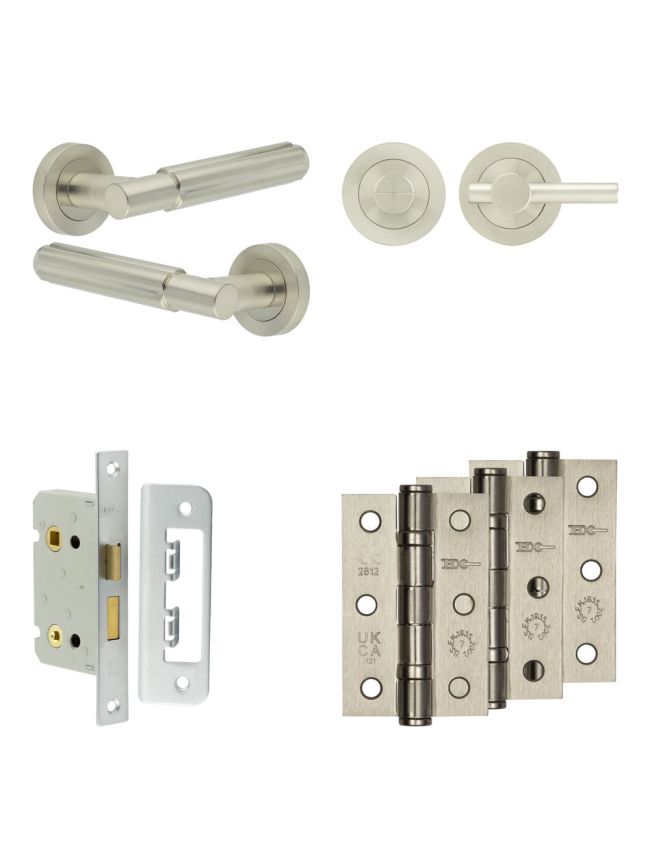 Complete Bloom Door Handle Pack - Bathroom Lock (Plain Thumb Turn) - Satin Nickel - 65mm / 3-inch Hinges - JE-B5B2-SN