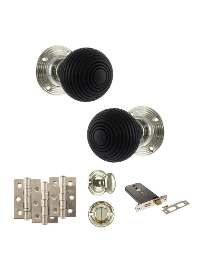 Old English Whitby Door Knob Pack (Lock Set - Horizontal Bathlock, 3" Fire Rated Hinges x3) - Polished Nickel