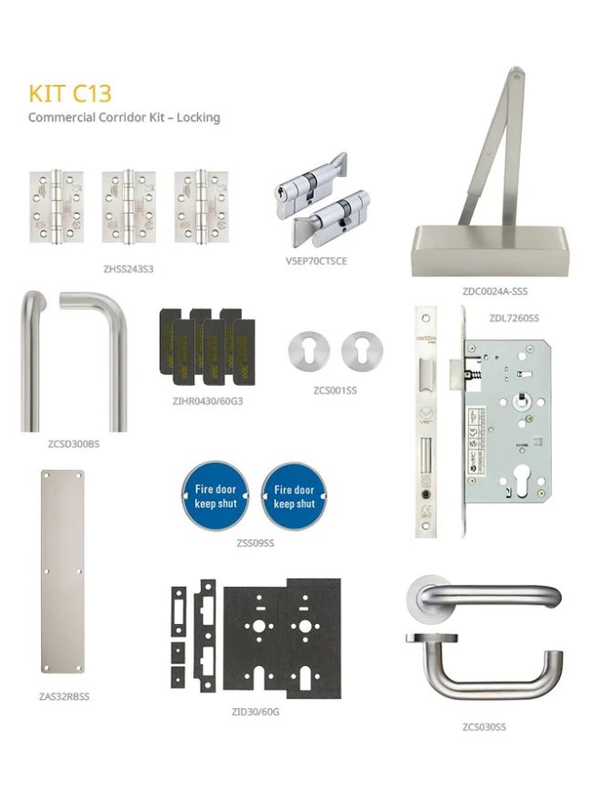 Zoo Hardware Fire Door Pack - FDP-C13-30/60 - Office - Locking - Commercial Version - Inc ZDC0024A-SSS - Stainless Steel