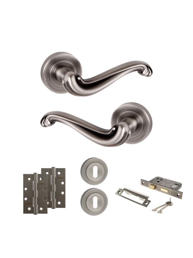 Old English Colchester Door Handle Pack (3 Lever Lock Set - 3" CE Sashlock, 4" Slim Knuckle Hinges x2) - Matt Gun Metal