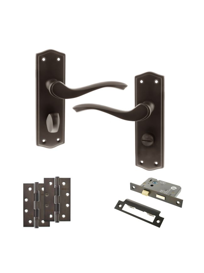 Old English Warwick Door Handle Pack (Bathroom Set - 2.5" CE Bathroom Lock, 4" Slim Knuckle Hinges x2) - Urban Dark Bronze