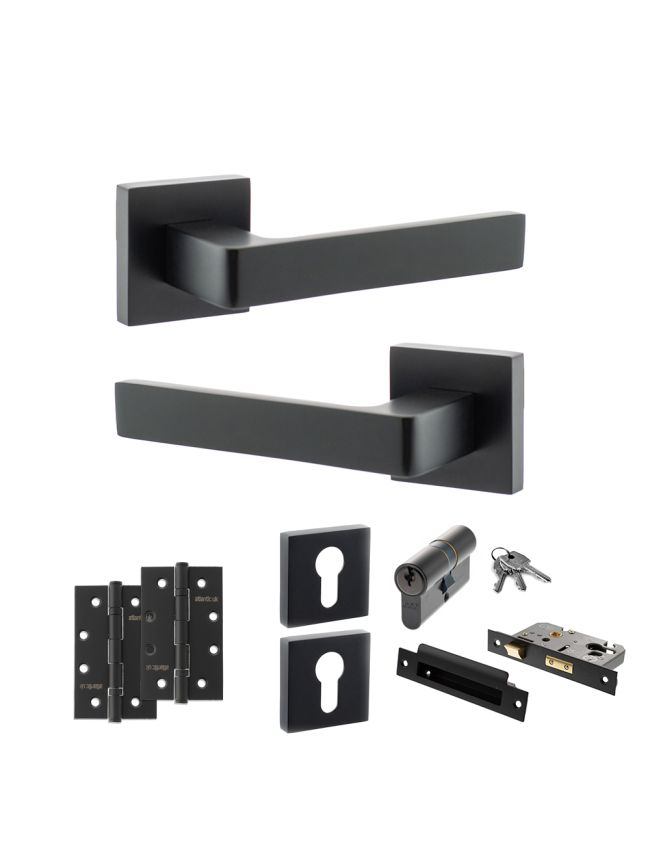 STATUS Montana Door Handle Pack (Euro Lock Set - 3" CE Sashlock, 4" Slim Knuckle Hinges x2) - Matt Black