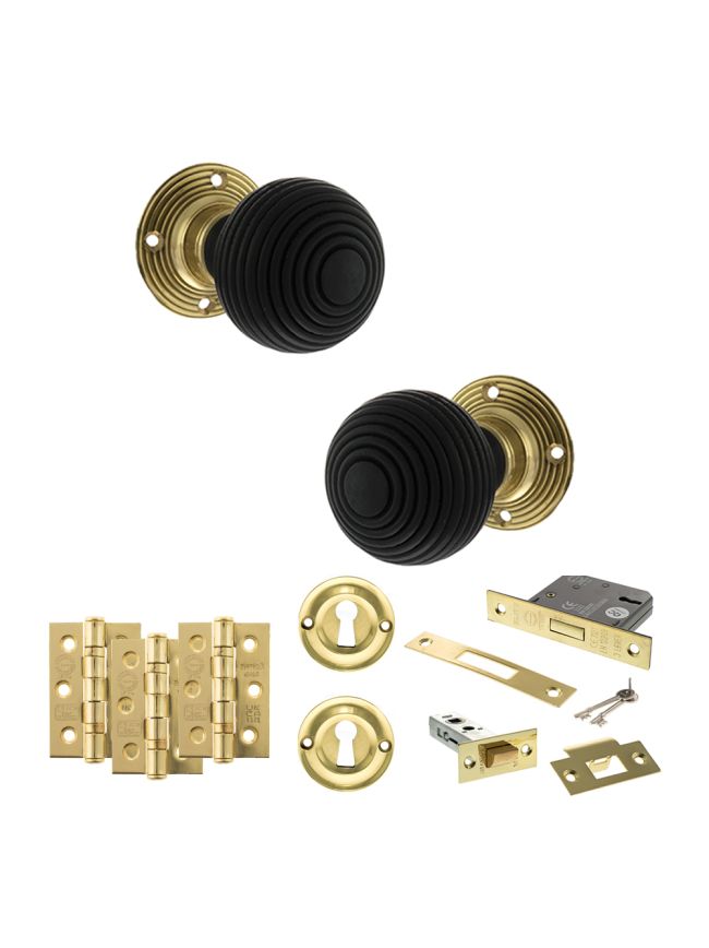 Old English Whitby Door Knob Pack (Lock Set - 3" Latch & Deadlock, 3" Fire Rated Hinges x3) - Polished Brass