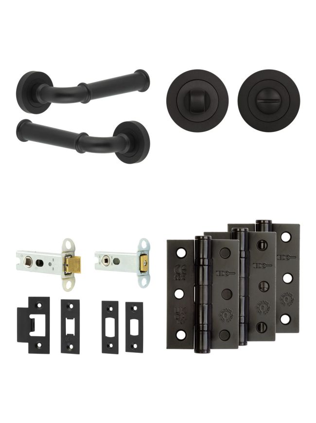 Complete Classic Door Handle Pack - Heavy Duty Tubular Bathroom (Standard Thumb Turn) - Matt Black - 76mm / 3-inch Hinges - JE-A31B3-MB