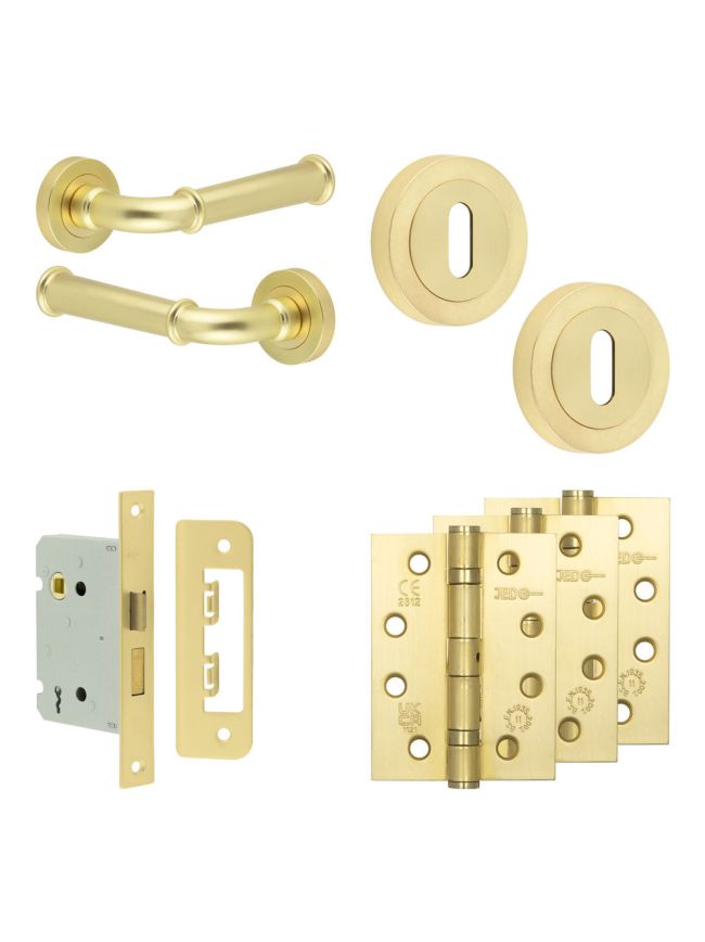 Complete Classic Door Handle Pack - Sashlock - Satin Brass - 76mm / 4-inch Hinges - JE-A8A8-SB