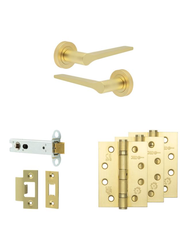 Complete Gio Door Handle Pack - Heavy Duty Latch - Satin Brass - 102mm / 4-inch Hinges - JE-E22A-SB