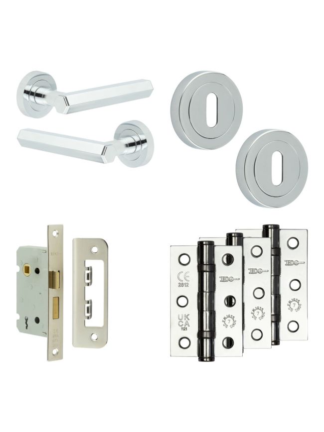 Complete Hex Door Handle Pack - Sashlock - Polished Chrome - 65mm / 3-inch Hinges - JE-C7B8-PC
