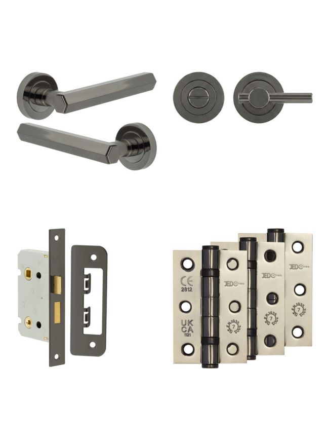 Complete Hex Door Handle Pack - Bathroom Lock (Plain Thumb Turn) - Black Nickel - 65mm / 3-inch Hinges - JE-C5B2-BN