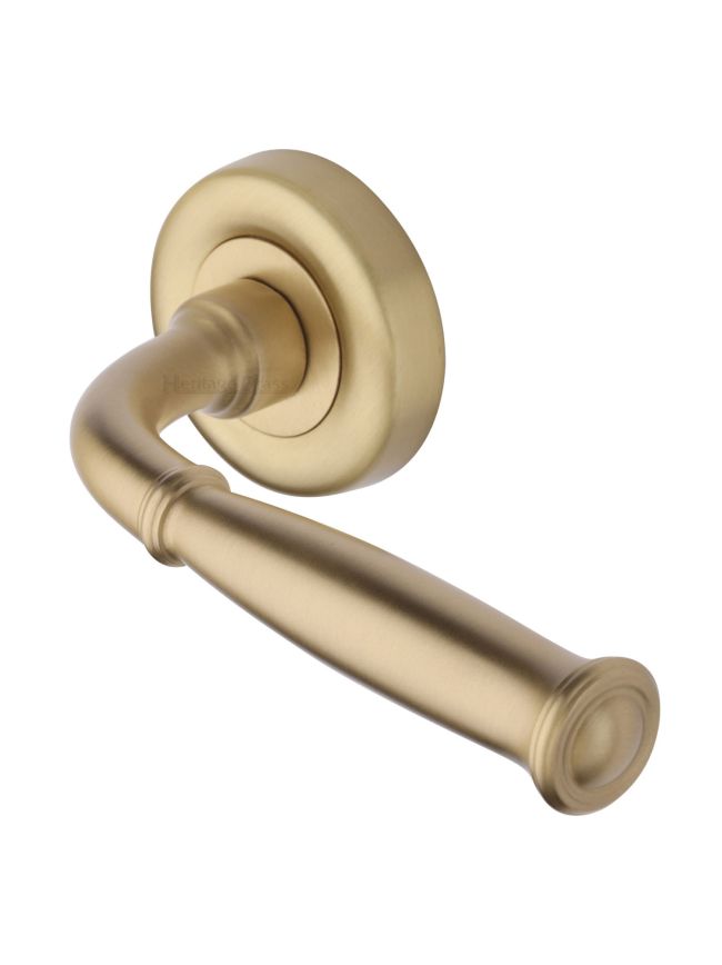 Heritage Brass Door Handle Lever Latch on Round Rose Lincoln Design Satin Brass finish
UK Registered Design Number 6228268