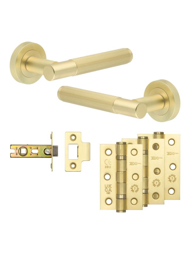 Complete Venice Door Handle Pack - Internal Doors - Satin Brass - 64mm / 3-inch Hinges - JE-F1B-SB