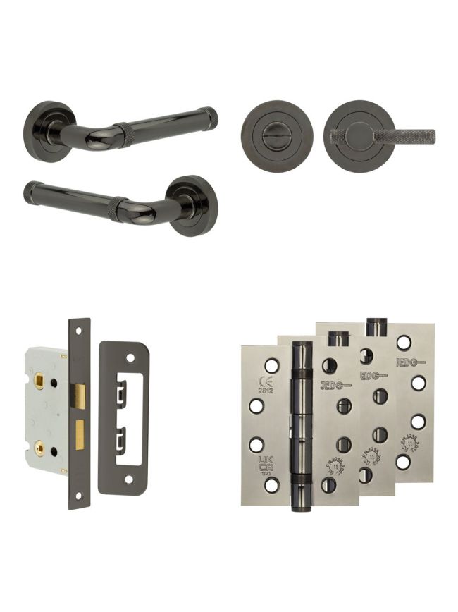 Complete Midtown Door Handle Pack - Bathroom Lock (Knurled Thumb Turn) - Black Nickel - 65mm / 4-inch Hinges - JE-G5A1-BN