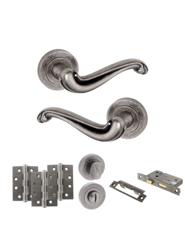 Old English Colchester Door Handle Pack (Bathroom Set - 2.5" CE Bathroom Lock, 4" Fire Rated Hinges x3) - Distressed Silver