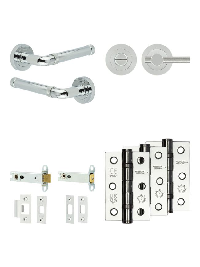 Complete Midtown Door Handle Pack - Heavy Duty Tubular Bathroom (Knurled Thumb Turn) - Polished Chrome - 102mm / 3-inch Hinges - JE-G32B1-PC