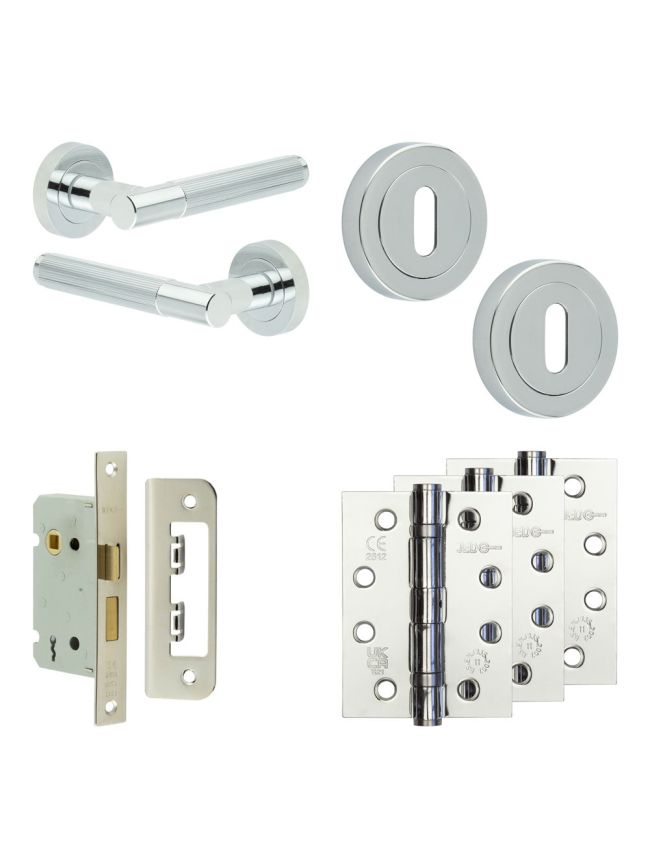 Complete Venice Door Handle Pack - Sashlock - Polished Chrome - 65mm / 4-inch Hinges - JE-F7A8-PC