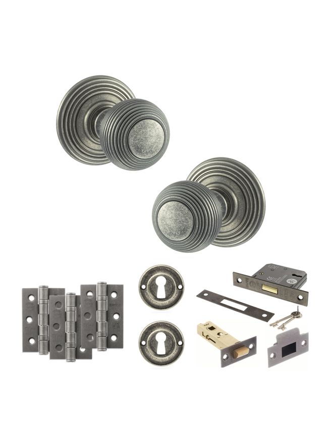 Old English Ripon Door Knob Pack (Lock Set - 3" Latch & Deadlock, 3" Fire Rated Hinges x3) - Distressed Silver