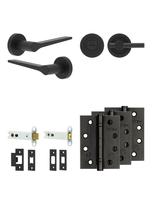 Complete Gio Door Handle Pack - Heavy Duty Tubular Bathroom (Plain Thumb Turn) - Matt Black - 102mm / 4-inch Hinges - JE-E32A2-MB
