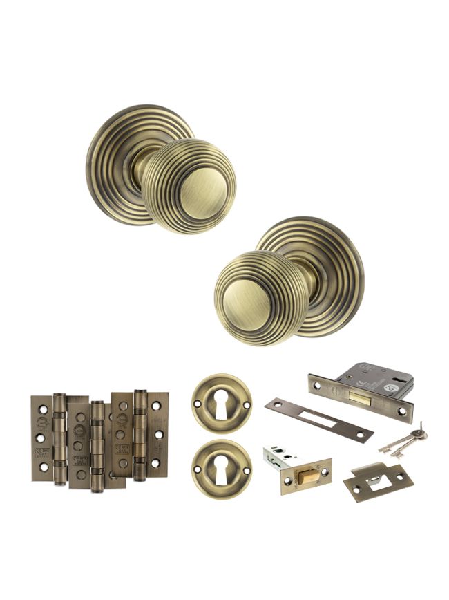 Old English Ripon Door Knob Pack (Lock Set - 3" Latch & Deadlock, 3" Fire Rated Hinges x3) - Antique Brass