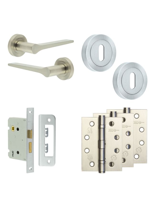 Complete Gio Door Handle Pack - Sashlock - Satin Nickel - 76mm / 4-inch Hinges - JE-E8A8-SN