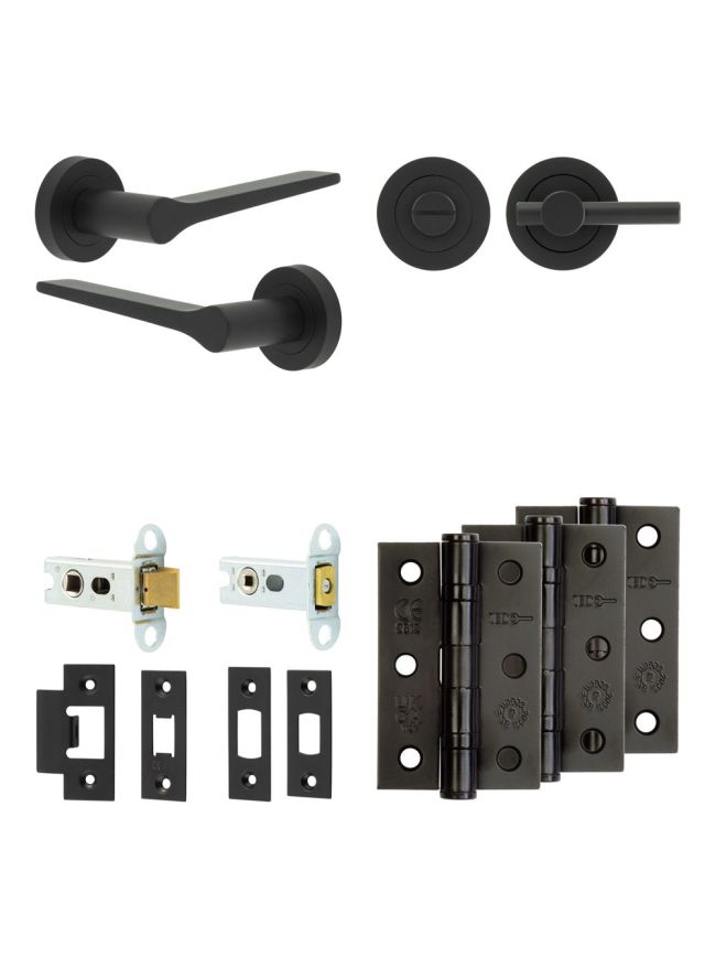 Complete Gio Door Handle Pack - Heavy Duty Tubular Bathroom (Plain Thumb Turn) - Matt Black - 64mm / 3-inch Hinges - JE-E30B2-MB
