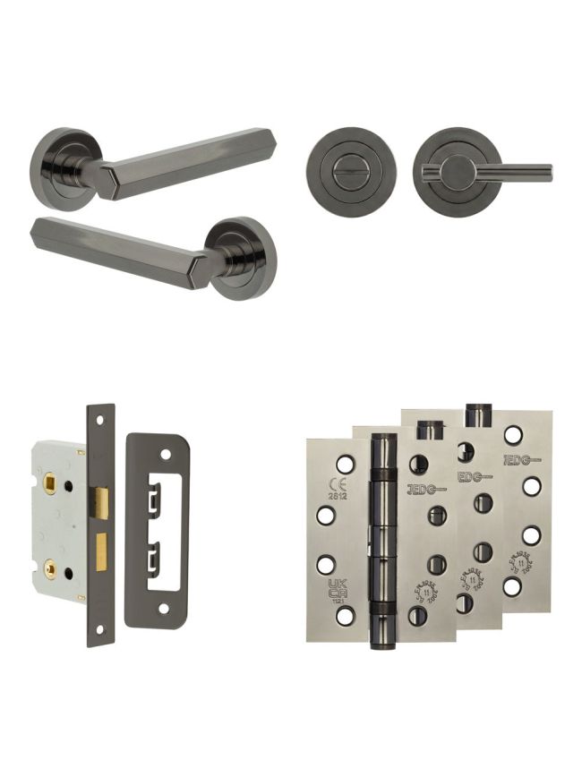 Complete Hex Door Handle Pack - Bathroom Lock (Plain Thumb Turn) - Black Nickel - 65mm / 4-inch Hinges - JE-C5A2-BN