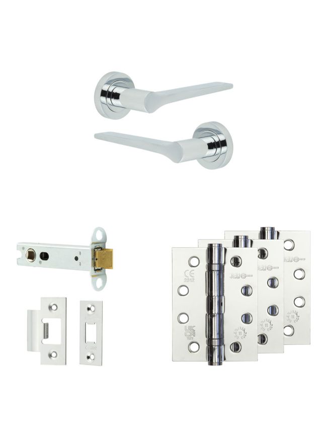 Complete Gio Door Handle Pack - Heavy Duty Latch - Polished Chrome - 102mm / 4-inch Hinges - JE-E22A-PC